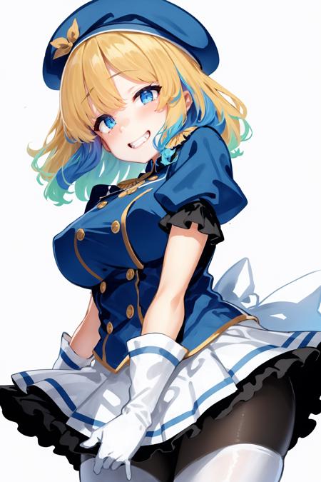 1girl, breasts, solo, smile, blue eyes, gloves, looking at viewer, blonde hair, large breasts, blush, white gloves, short hair, grin, bangs, multicolored hair, white background, yellow pupils, simple background, short sleeves, blue hair, orange headwear, +_+, hat, white pantyhose, two side up, dress, pantyhose, frills, two-tone hair, hair intakes, hair ornament, beret, white dress, puffy sleeves, puffy short sleeves