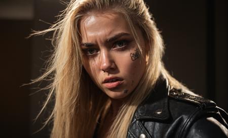 A low angle portrait study of a single motorcycle beautiful,angry,female gang member with long blonde hair,intense focus on her face,sharp contrasting light illuminating one side while the other remains in shadow,emphasizing her intimidating expression and detailed features,blurry contrasting background creating a menacing atmosphere,subject's leather and tattoos subtly visible in the shadows,main focus on the face and contrasting light,hyper-detailed sharp facial features,ultra-high resolution,8K quality,professional studio lighting,cinematic composition,rule of thirds,golden ratio,dramatic chiaroscuro effect,shallow depth of field,bokeh background,photorealistic texture,fine details in hair strands and skin pores,intense eye contact with viewer,strong emotional impact,gritty realism,high contrast,HDR,professional color grading,moody atmosphere,film grain overlay,slight vignette effect,expert use of negative space,leading lines drawing attention to face,striking balance between light and shadow,cinematic aspect ratio,professional retouching,RAW image quality,award-winning portrait photography style,masterful use of highlights and shadows to sculpt facial features.,