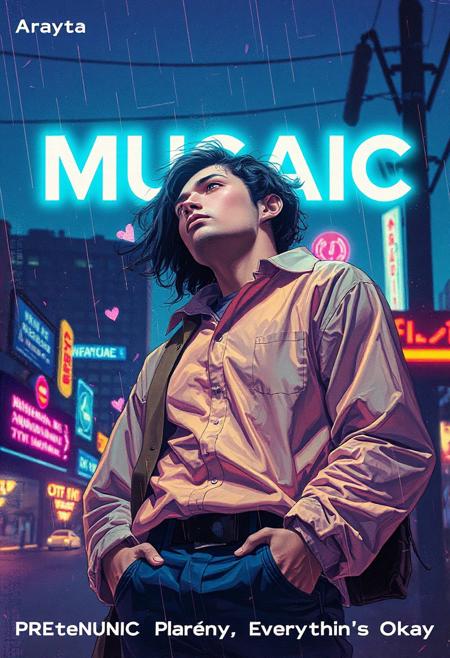 high quality design aesthetics, synth pop, nostalgic,  detailed, synth pop album cover, dynamic, colourful, uptempo track, melancholic, white man, artist name "MUSAIC",  melancholic, album title "Pretending Everything's Okay"