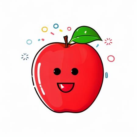 An apple with face and eyes, sticker, rough lines,((vector)), simple,((flat illustration)), mascot, Cartoon, white background,(((confetti))), anime