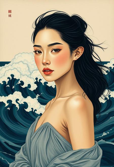 A young woman with glowing, soft skin, standing near a stormy ocean, her expression serene while waves crash behind her in dramatic Birch-style movement., furry art style, hard-edge painting, Tanbi Kei influence, flat brushwork, sculpted forms, simplified and stylized portraits, Hurufiyya aesthetics, bold color blocks, geometric abstraction, fluid yet structured composition, intricate detailing, expressive minimalism, cultural fusion, modernist interpretation, dynamic shapes