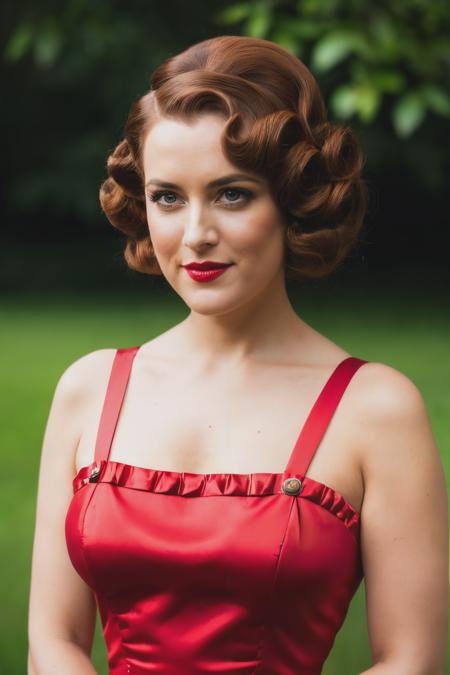 a face photo of rkh wearing a milk maid dress, (red milk maid dress), (upright pin curl hairstyle), (brown hair), (outdoor background), elegant, highly detailed. vibrant, photorealistic, realistic, sharp focus, 8k,<lyco:RileyKeough-RealVision-V1.0:1.0>