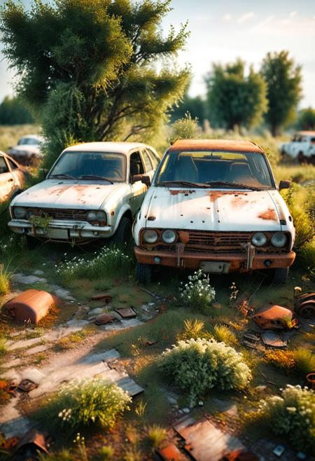 realistic, photograph, detailed photography, high quality, depth of field, tilt shift, white balance, volumetric lighting, 
Grass field, 2 rusty cars, bushes and tree growing out of the cars, post apocalyptic, dawn
