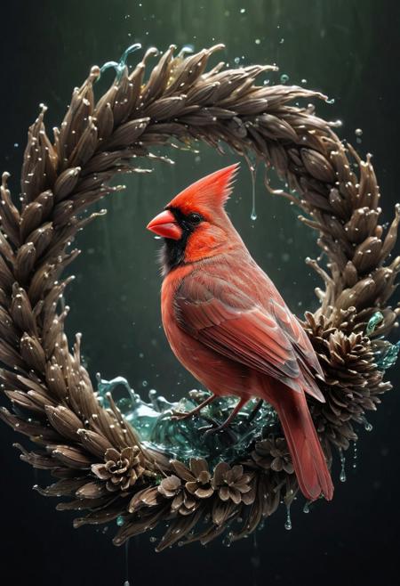 close-up A cardinal bird, 
incredibly fluid, 
detailed, 
3D fractals, 
light particles, 
drops of water, 
shimmering light, 
dreamer, 
surrealist, 
alcohol ink, 
smooth, 
shimmering, 
dreamy glow, a lot of pine cone wreath background
conceptual art by Alberto Seveso, 
Anna Dittmann, 
Arthur Rackham, 
16k