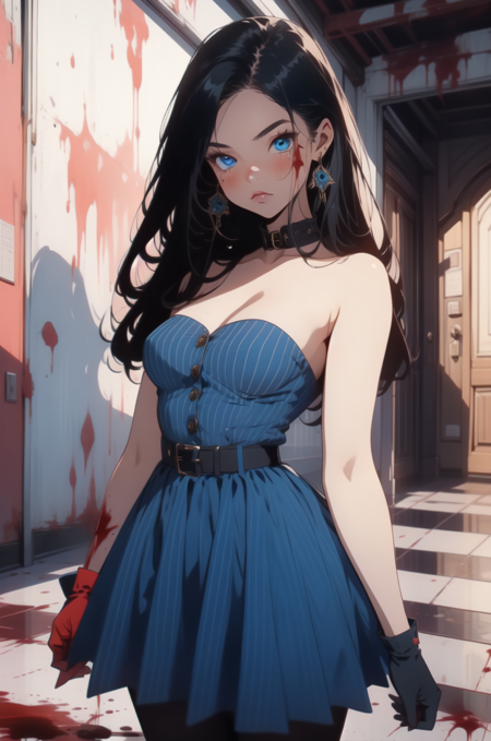 k4t4r1n4, 1girl, white dress in some room with blood splattered all over the walls and a toilet, black hair, blue eyes, solo, long hair, thighhighs, fishnets, blush