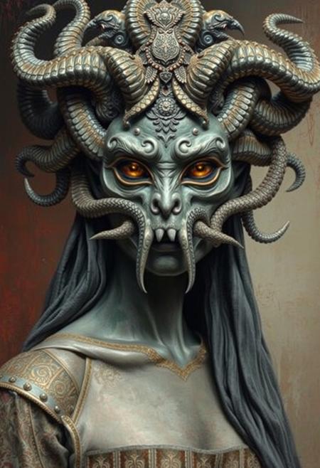 Medusa, oriental damask ornaments, in the style of restrained palette, distressed materials, realistic color schemes, hieratic visionary, figura serpentinata, nicola samori, bold yet graceful , alexander McQueen fashion costume style, oil painting style