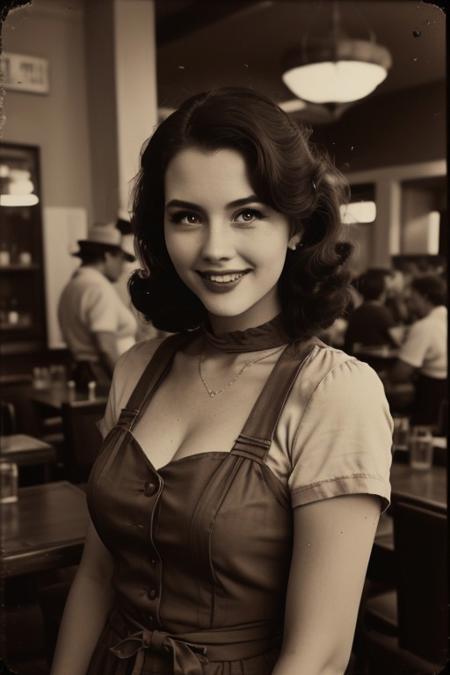 retro pin up photo , (Sepia:1.2), a waitress of Restaurant ,1950s Fashion, MAKEUP ,Shoulder out, poses in front of the camera, Hollywood Smile, realistic photo 、