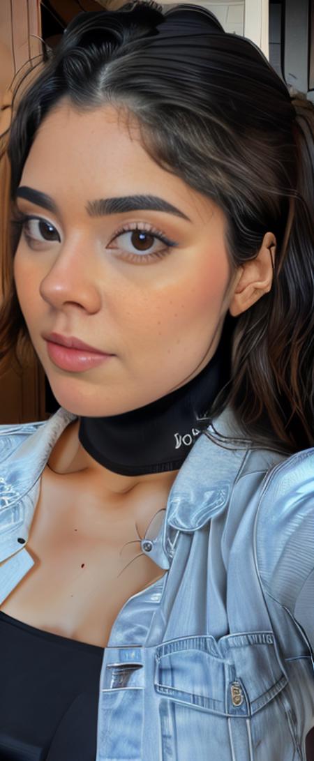 <lora:lyndaparraV2-15:1> a  woman , woman in a casual suit, taking a selfie, with black hair, pretty face , 25 years old