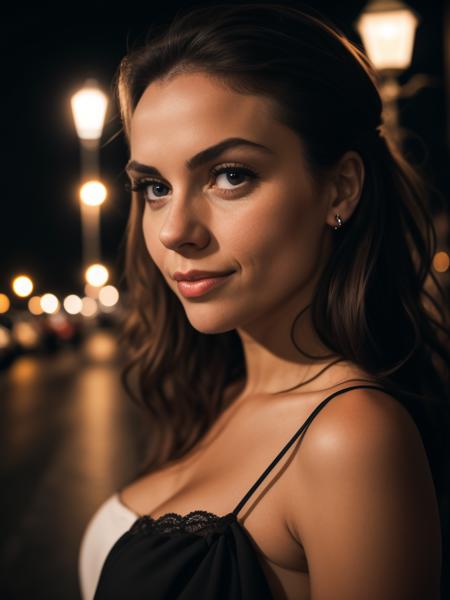 closeup of a woman, city street, nighttime, streetlight, asphalt