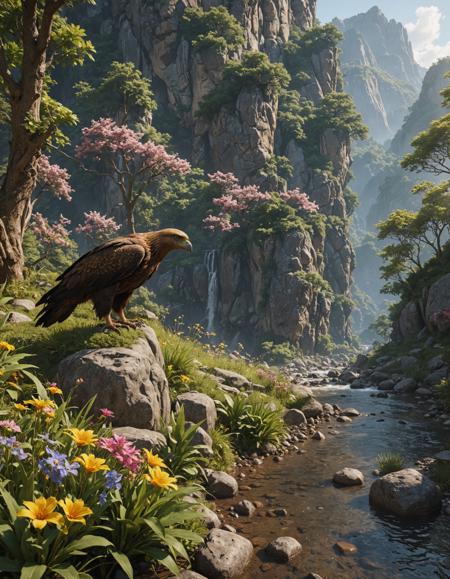 what did the people of the golden eagle family do in the chaoge mountains?,, unreal engine 5 render,jungle,river,flowers,extremely detailed,colorful,