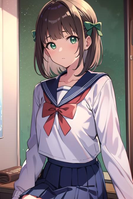 harukaamami, <lora:harukaamamitest:1>,
haruka amami, brown hair, (green eyes:1.5), short hair, (hair bow:1.5), hair ribbon, bangs, blunt bangs, (small breast:1.2),
BREAK bag, bow, school uniform, serafuku, skirt, sweater, long sleeves, red bow, blue skirt, grey sweater,
BREAK looking at viewer,
BREAK indoors, classroom,
BREAK <lora:GoodHands-vanilla:1>, (masterpiece:1.2), best quality, high resolution, unity 8k wallpaper, (illustration:0.8), (beautiful detailed eyes:1.6), extremely detailed face, perfect lighting, extremely detailed CG, (perfect hands, perfect anatomy),