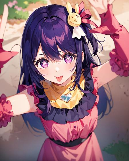 1girl, full body, cowboy shot, 
 (Rembrandt), illustration, (masterpiece), (best quality), (ultra_detailed), finely detail, (Depth of field),
HshinoAi,gloves, tongue out, tongue, long hair, star \(symbol\), looking at viewer, (purple hair:1.2), purple eyes, upper body, hair ornament, :p, frills, pink shirt, smile, sleeveless, shirt, idol, symbol-shaped pupils, hands up, bangs, one side up, star-shaped pupils, arms up,
dress pull,
Roaring Twenties, isometric, from above, sky, flower, cliff,
<lora:HoshinoAi_v1.1-000007:1:CHARACTER>