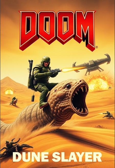 Create a fake B-Movie VHS cover art of a movie called (DUNE SLAYER), the cover features features the iconic Doom Slayer character from the DOOM games in his green bulky military body armor and helmet on the desert planet from Dune books and movies, planet Arrakis, Doom Slayer is riding on top of faceless gigantic sandworm that looks like a huge Sea lamprey, while he is firing multiple rockets at flying Harkonnen ornithopter with dramatic explosions in the background, the camera angle is from a low angle to emphasize the epic and metal nature of the scene, dramatic lighting, the cover gives 80s vibes with slightly washed out colors and is despite its silliness very well rendered and extremely detailed.