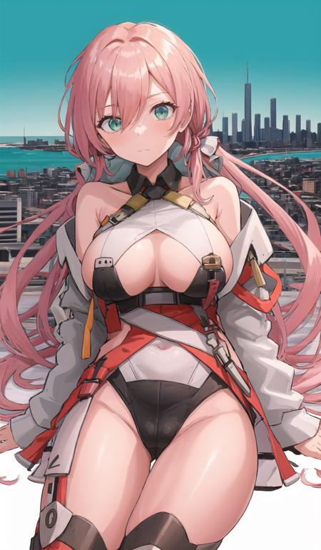 outfit-LTLX7000, 1girl, breasts,leg lift,solo,pink hair,cityscape,looking at viewer,  petal <lora:outfit-LTLX7000-pynoise-000006:1> <lora:char-carno_p:1>