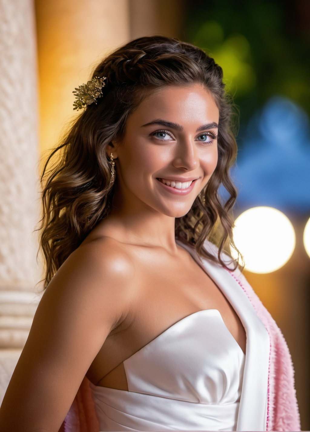 in a (pink and white toga barely covering body), (striking features, smiling, beauty, intricate details, dramatic composition, wispy hair,  perfect eyes, highly detailed beautiful expressive eyes,  texture, 6 inch white heels, Rome, 35mm photograph, film, bokeh, professional, 4k, highly detailed dynamic lighting, photorealistic, 8k, raw, rich, intricate details, key visual, vivid colors