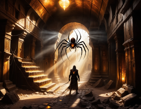 masterpiece, best quality, amazing quality, very aesthetic, absurdres, highly detailed, cinematic, (9 golden eyes, 9 golden eyes big spider monster:1.2), fighting BREAK
underground city, cracked crystals, glowing golden light, light inside crystals, ancient stone buildings, ruined architecture, fantasy ruins, mysterious underground, giant spider monster, 
glowing spider eyes, fantasy underground world, magical crystals, golden glow mist, dark cavern city, decayed temple, web-covered ruins, ancient fantasy city, mythical underground monster, spider crawling wall 
 <lora:dvr-rst:0.8> , dvr-rst <lora:add-detail-xl:1>