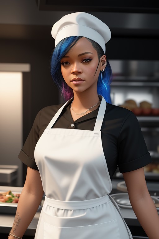 half-body portrait 3d render, Rihanna working as a line cook in a busy restaurant, sporting a white chef hat and apron, 3d...