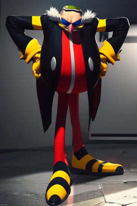 Eggman Nega, white moustache, bald, evil grin, black jacket, red shirt, black and yellow socks