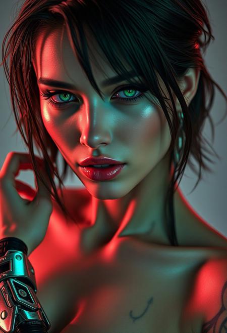 A captivating, photorealistic 30-year-old cyberpunk seductress, her gaze intense and alluring, enhanced by elegant, emerald ocular implants that shift with passion. Her hair, a cascade of bioluminescent strands, is styled in a wet, disheveled bob, framing her face in a sensual manner. Her flawless, porcelain skin is adorned with intricate bioluminescent tattoos, accentuating her curves and hinting at hidden desires. A sleek, cybernetic arm, its surface shimmering with iridescent light, is a masterpiece of biomechanical engineering, its fluid movements exuding both power and grace. Her makeup, a blend of organic and digital enhancements, is both striking and ethereal: smoky, iridescent eyeshadow, bioluminescent lip gloss, and perfectly arched brows, enhanced by micro-needling technology. Clad in a skin-tight, body-hugging suit, its surface shimmering with subtle holographic patterns, she exudes an air of confidence and danger, a true femme fatale of the future. The image is captured with a cinematic depth of field, the background blurred into a soft, neon haze, drawing the viewer's attention to her alluring form. A subtle smile plays on her lips, hinting at the seductive power she wields.