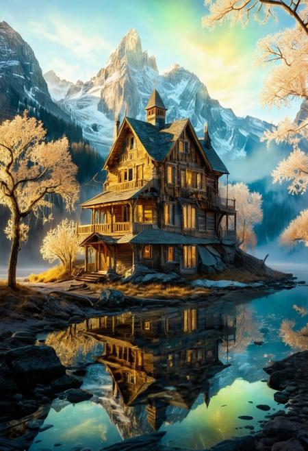 (by Ellen Jewett:1.5), ((gold Bioluminescent Impressionism: 1.8), The Dreamland), their peaks veiled in mist. mixed media, surrealism, great lighting, A surreal landscape highly detailed . extremely high-resolution details,  appears trapped in an optical illusion of reflections and refractions colorful , luxurious mountain cabin, ice and snow, professional photography, natural lighting, volumetric lighting maximalist. intricately detailed, complex, elegant, expansive, fantastical, film photography style,  medium grain,  <lora:MJ52:0.3>  <lora:SDXLFaeTastic2400:0.4>  <lora:EpicF4nta5yXL:0.7>.ethereal landscapes, depth of field, biotech emotion:1.3) <lora:xl_more_art-full_v1:0.5> <lora:add-detail-xl:1> <lora:RMSDXL_Creative:2>