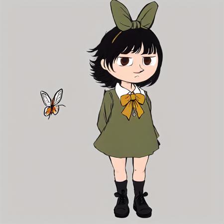 crossover, brown eyes, wading, butterfly, looking at viewer, shirt, rock, bow, nature, rabbit girl, simple background, looking up Snufkin, uniform, black hair, black footwear <lora:Moomin-000004:1>