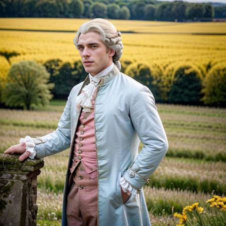 <lora:18th_Century_man_V0-000018:0.5> w16hsl1ps, 1boy, 1man,  professional photograph, 4K, 18th century clothes, historical wig, grey hair, sunny field, meadow, dramatic lighting, ultra realistic photograph, professional art, by Gucci photographer, medium shot, from waist up, pink lips, (light blue coat), (from front:1.1), looking to side, (hand on hips:1.25),