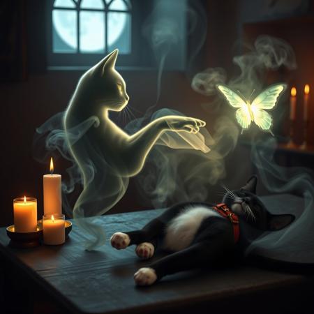 A mesmerizing image of ethereal smoke, illuminated by a heavenly glow, elegantly forming the silhouette of a lifelike cat. The smoke cat extends its paw, reaching toward a glowing, translucent butterfly, its core radiating with an otherworldly light. The smoke cat is positioned on a table beside the lifeless body of a black cat with white paws and a white spot on its upper lip wearing a red collar, creating a poignant and mystical scene. The balance of smoke density and airiness gives an uncanny realism to the apparition.
The background unveils an enchanted, dimly lit space—candles flicker, incense burns, and moonlight streams through a nearby window, casting a dreamlike glow. The fusion of hyper-realistic 3D rendering, painterly textures, photographic realism, and illustrative vibrancy results in a visually striking masterpiece.