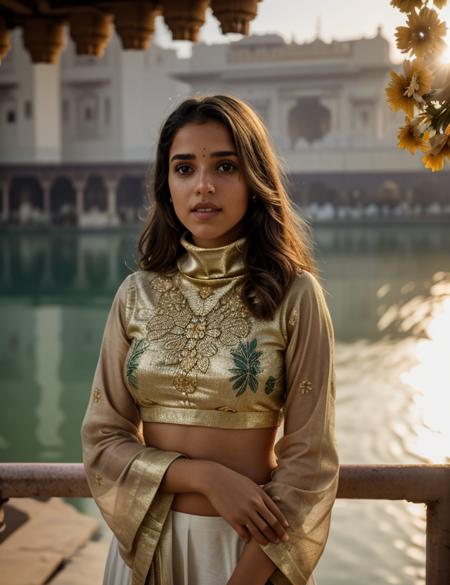 an1ksu photo of (an1ksu) girl, RAW, nature, Spectacular light, Turtleneck intricate, (Colorful flowering), 8k, soft lighting, high quality, film grain, Olympus OM1 sharp focus, f 3.4, ((detailed eyes)), (seductive pose), upper body, breast, (Golden Temple india)