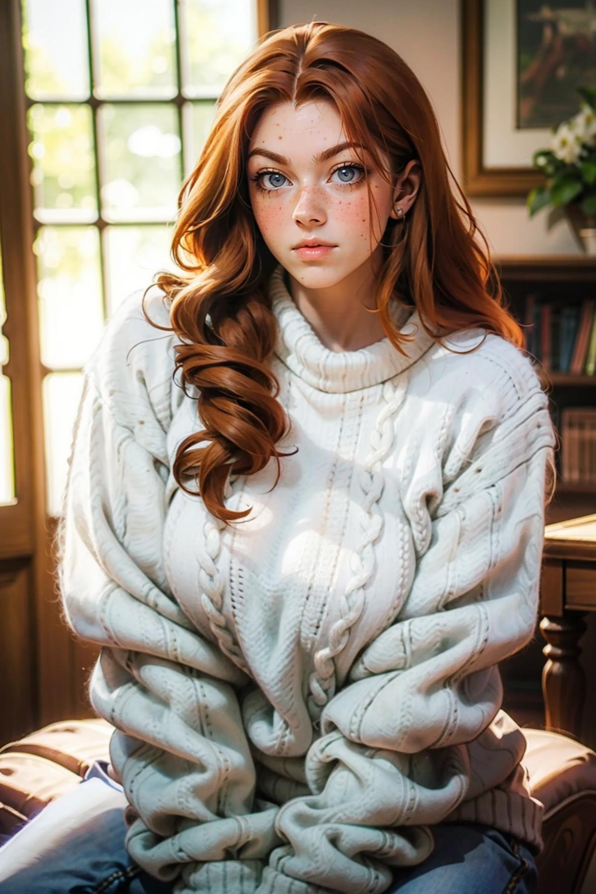 A woman with red hair and blue eyes wearing a white sweater and posing for a portrait.