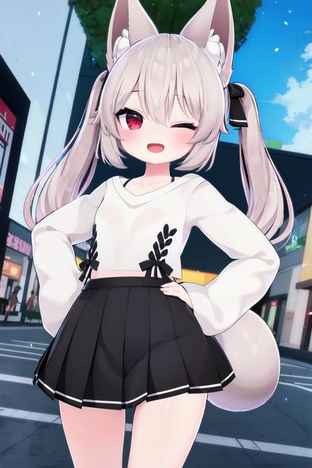 grey hair, long hair, twintails, bangs, hair between eyes, animal ears, fox ears, animal ear fluff, red eyes, tail, fox tail, virtual youtuber, shirt, white shirt, long sleeves, sleeves past wrists, bow,  hair bow, red bow, ribbon, skirt, pleated skirt, black skirt, shoes, white footwear, 