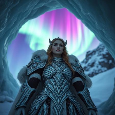 65 mm IMAX film scan from ARRI Alexa 65 with Signature Prime 50 mm: [Ursine queen-deity emerges from crystalline ice cave beneath undulating aurora], [emerald-violet curtains of light ripple across sky, reflecting on silver armor and icy fur], creating [cinematic lens flares and gentle snowfall bokeh]. Wide-angle, slow shutter 1/2 s for aurora trails, ISO 800.