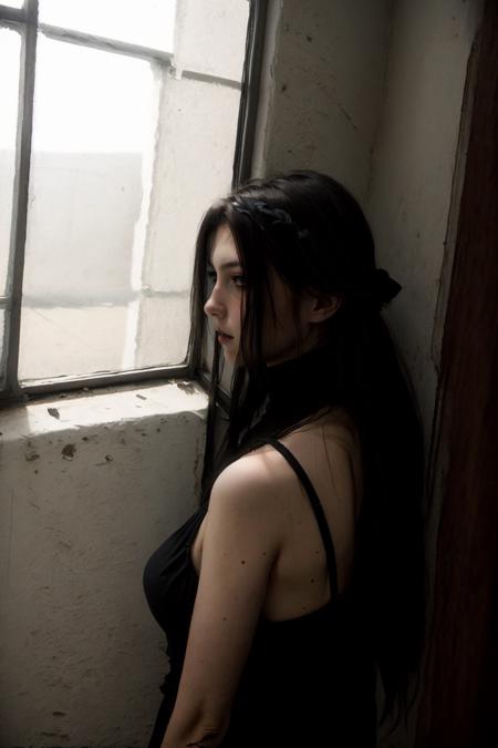 raw, (serana:0), medium shot, close up, girl, 19yo, (goth:1.25), slim, elegant black dress, (red eyes:1), hard shadows, black silky long hairs, podjezd, window, dirty peeled walls, graffiti, <lora:G_G2.0:0.5>,  <lora:AmateurSelfie_v1:0.7>, <lora:ReaLora:0.25>,  <lora:SeranaaaaV3.5:0>,  <lora:podjezd:0.9>,  <lora:add_detail:0.4>