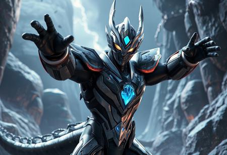 Ultraman-inspired Dragonox warrior, Mystic Mine backdrop. Gray & black armor, blue chest gem. Dynamic pose, outstretched arms, intense eyes. Trending on Artstation, isometric view, splash ink illustration, octane render, Unreal Engine 5, Raphael style, Houdini style, captivating lighting, golden ratio, CGSociety, 4k, detailed face, vivid emotions.