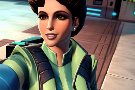 <lora:swtorgirlsrepublic:0.8> rishadrayen, selfie, smiling, smuggler jacket