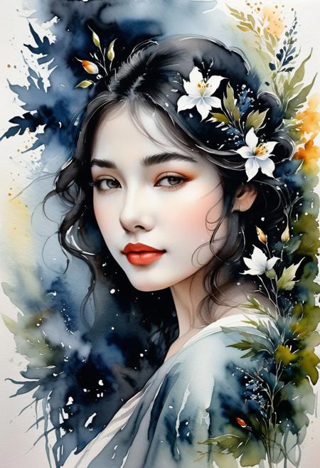 A hidden smile, a secret, who knows? Watercolors completely dark. Black colors and flowers. mountain forest background. The mesmerizing image of a will-o'-the-wisp captured with exquisite detail on a canvas painting evokes a sense of wonder and enchantment, showcasing the exquisite beauty of this unique creature.
3D, magical, fabulous, masterpiece painting, very detailed, captivating, enchanting, diffused light, perfect composition, watercolor, trending on Art station high details,, Mysterious. 
Style Raphael, Caravaggio, Coby Whitmore, Titian, Leonardo da Vinci,