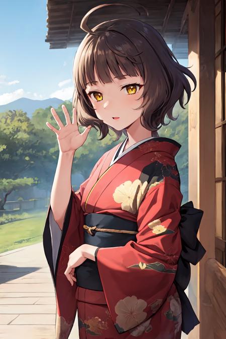 <lora:KishinamiKancolle_V10:1>, 1girl, solo,
kishinami \(kancolle\), ahoge, brown hair, short hair, wave hair, yellow eyes, blunt bangs, small breasts,
outdoor, kimono,