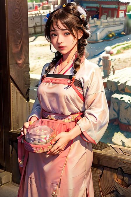 <(realistic:1.3), intricate details>, 1girl,a girl at building,(((building))),  braided bangs,braided ponytail,(solo:1.2),apron,thick thighs,side-tie panties, balck hair, 16yo,<lora:gugong:1>,looking at viewer, sunlight,hanfu, <lora:hanfu_v28:0.8>