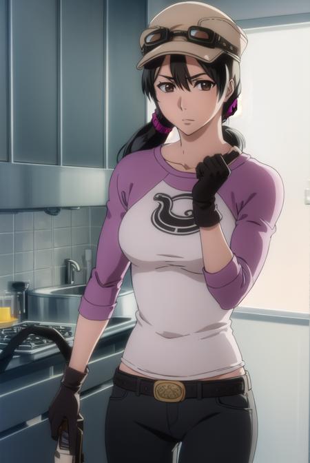 ikumiunagiya, <lora:ikumiunagiya-lora-nochekaiser:1>, 
ikumi unagiya, long hair, (black hair:1.5), (brown eyes:1.5), ponytail, low ponytail,
BREAK gloves, hat, belt, pants, sunglasses, goggles, raglan sleeves, black gloves,
BREAK indoors,
BREAK looking at viewer, (cowboy shot:1.5),
BREAK <lyco:GoodHands-beta2:1>, (masterpiece:1.2), best quality, high resolution, unity 8k wallpaper, (illustration:0.8), (beautiful detailed eyes:1.6), extremely detailed face, perfect lighting, extremely detailed CG, (perfect hands, perfect anatomy),