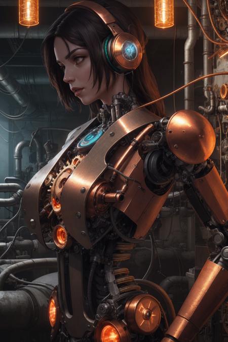 ultra realistic cg, ultra detailed digital art, absurdres, a steampunk android, close up, upper body shot, mechanical limbs, hydraulics, bronze, copper, motors, wires, circuitry, robotic midsection, pipes, steam, gears, cogs, headphones, highly detailed, vibrant, glowing, light particles,