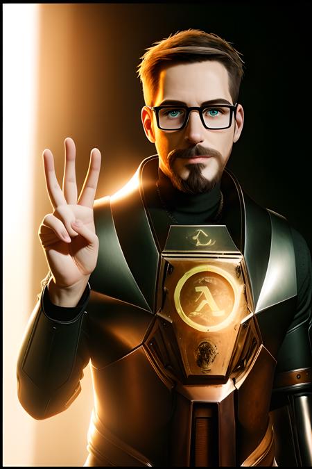 RAW photo, a man,a photo of gordon_freeman, beard, count three, stage background, best quality, high quality, masterpiece, warm light,  <lora:GordonFreeman:1>