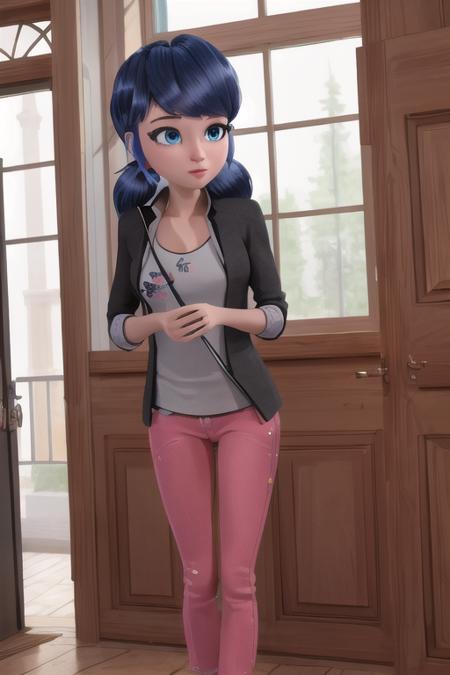 (8k, RAW photo, best quality, masterpiece:1.2), (intricate details), perfect eyes, perfect face, perfect lighting, beautiful, (masterpiece:1.2), (best quality:1.2), 1girl, solo, marinette, blue hair, full body, <lora:marinette-10:0.75>