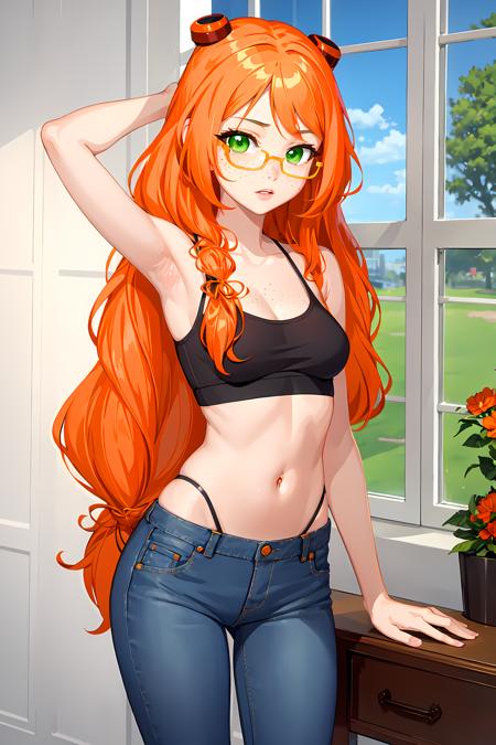 nina, 1girl, solo, glasses, orange hair, long hair, green eyes, freckles