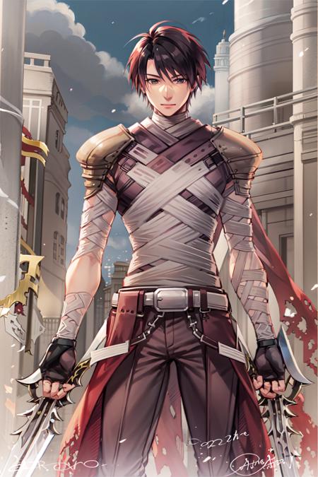 1boy, solo,  <lora:assassin-ro:1>, shoulder armor, gloves, armor, pauldrons, bandages, fingerless gloves, skin tight, assassin-ro, swords, ragnarok online:1,  <lora:age_slider_v2:1.7>, mature male, covered mouth:1, scarf,