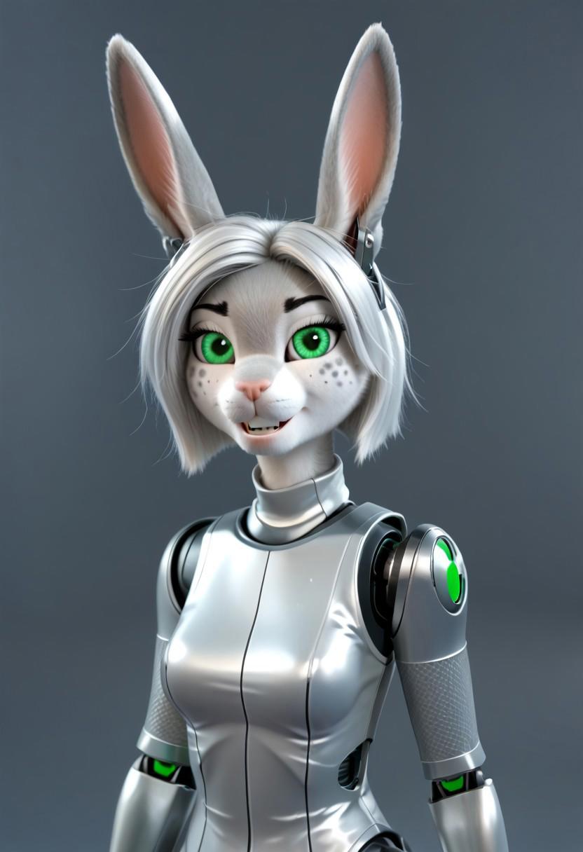 A 35mm photo of a beautiful robotic woman, she has a robotic  anthropomorphic robotic rabbit head, robot, rabbit nose, rabbit teeth, green rabbit eyes, freckles, grey rabbit fur, cat fur, grey rabbit ears, silver hair, silver mesh bodysuit, robotic joints