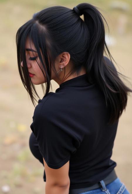 black hair, small breasts, bent over, outdoors, shirt, closed eyes, nail polish, ponytail
all fours, blurry,makeup,piercing,teeth,looking back,mole on ass, back,open mouth,