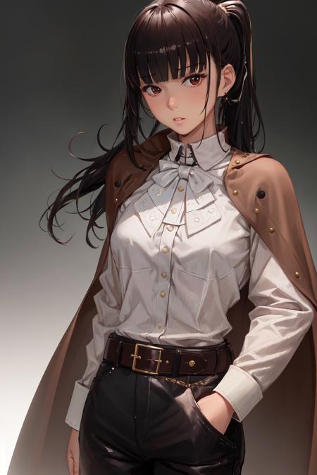 1girl, solo,  long hair,  brown pants, black hair, belt,  shirt, ponytail, simple background, white shirt, long sleeves, bangs, looking at viewer,  breasts, high ponytail, standing, cowboy shot, (brown cape,:1.2) brown pants, medium breasts, parted lips, head tilt, brown eyes, buckle, black eyes, sidelocks, brown belt, belt buckle, blunt bangs, emotionless, narberal_gamma,  <lora:Narberal Gamma v1_1:0.75>, highres, sharp focus, pixiv masterpiece, ((intricate details)), highly detailed,