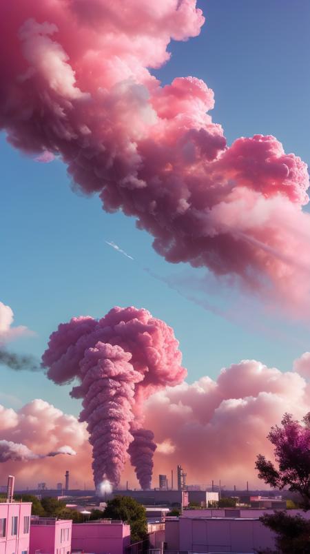Pink colored <lora:BarbieCore:0.9> BarbieCore skies filled with smoke and steam from mechanical factories, (shiny plastic:0.8), (pink plastic:0.9)