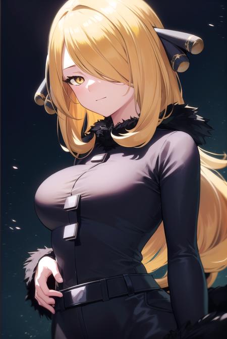 pokemoncynthia, <lyco:pokemoncynthia-lyco-nochekaiser:1>,
pokemoncynthia, blonde hair, hair ornament, (hair over one eye:1.5), long hair, (yellow eyes:1.5), <lora:sensualface_type1:1>, smile,
BREAK black coat, black pants, black shirt, coat, fur collar, fur trim, fur-trimmed sleeves, pants, shirt,
BREAK looking at viewer, upper body, full body, (cowboy shot:1.5),
BREAK outdoors, nature, sky,
BREAK <lyco:GoodHands-beta2:1>, (masterpiece:1.2), best quality, high resolution, unity 8k wallpaper, (illustration:0.8), (beautiful detailed eyes:1.6), extremely detailed face, perfect lighting, extremely detailed CG, (perfect hands, perfect anatomy),