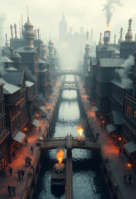 steampunk. Complex steampunk architecture. A narrow Canal in the middle. Bustling streets with cobblestone roads on both on both sides. 9 storey buildings. Artsy. Smoke coming from buldings. Soft, warm lighting casts a golden glow, enhancing the metallic tones. Digital illustration, Detailed and intricate, Warm and inviting hues of brass, copper, and brown. futureskyline. Aerial view. Futuristic. Technology. Bridge. Military fighting. War. Missles launched in the air. Men with Bazookas on both size. Boats carrying tanks. Ultrarealistic. Highres, absurdres, 8K quality, ultra photorealistic image. Beautiful.
