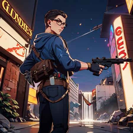 1boy, mature male, (chamber \(valorant\):1), glasses, <lora:Chamber250:1.2>, (blue hoodie, pants, handbag) (backgroud, city, desert, ruins, waterfall, night), (holding gun, gun, (golden gun))